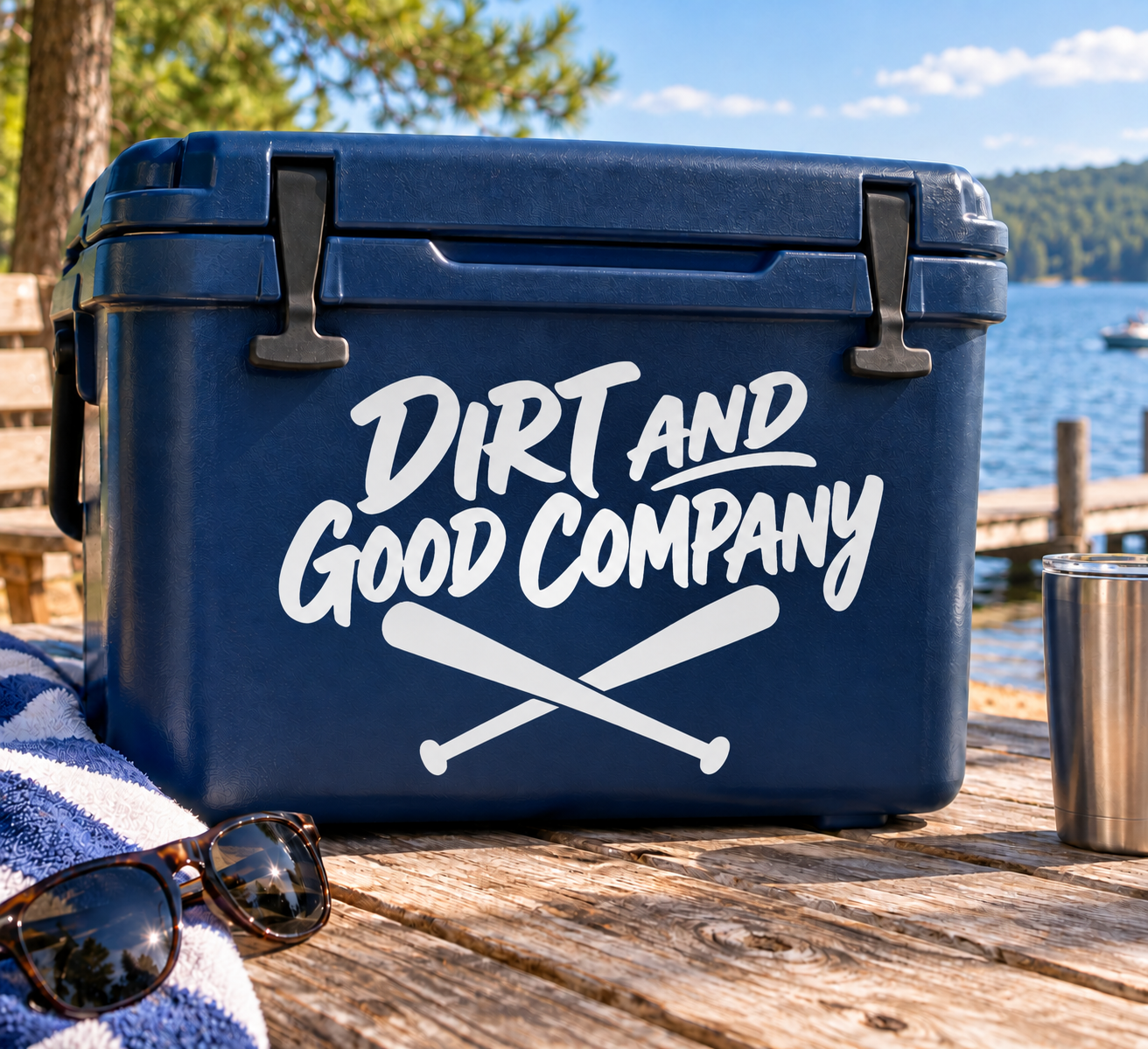 Blue vinyl decal: Dirt and Good Company lettering with crossed baseball bats