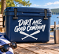 Blue vinyl decal: Dirt and Good Company lettering with crossed baseball bats