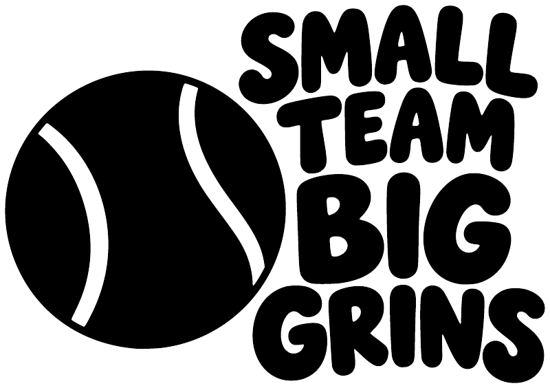 Black vinyl softball decal text “SMALL TEAM BIG GRINS” with baseball icon