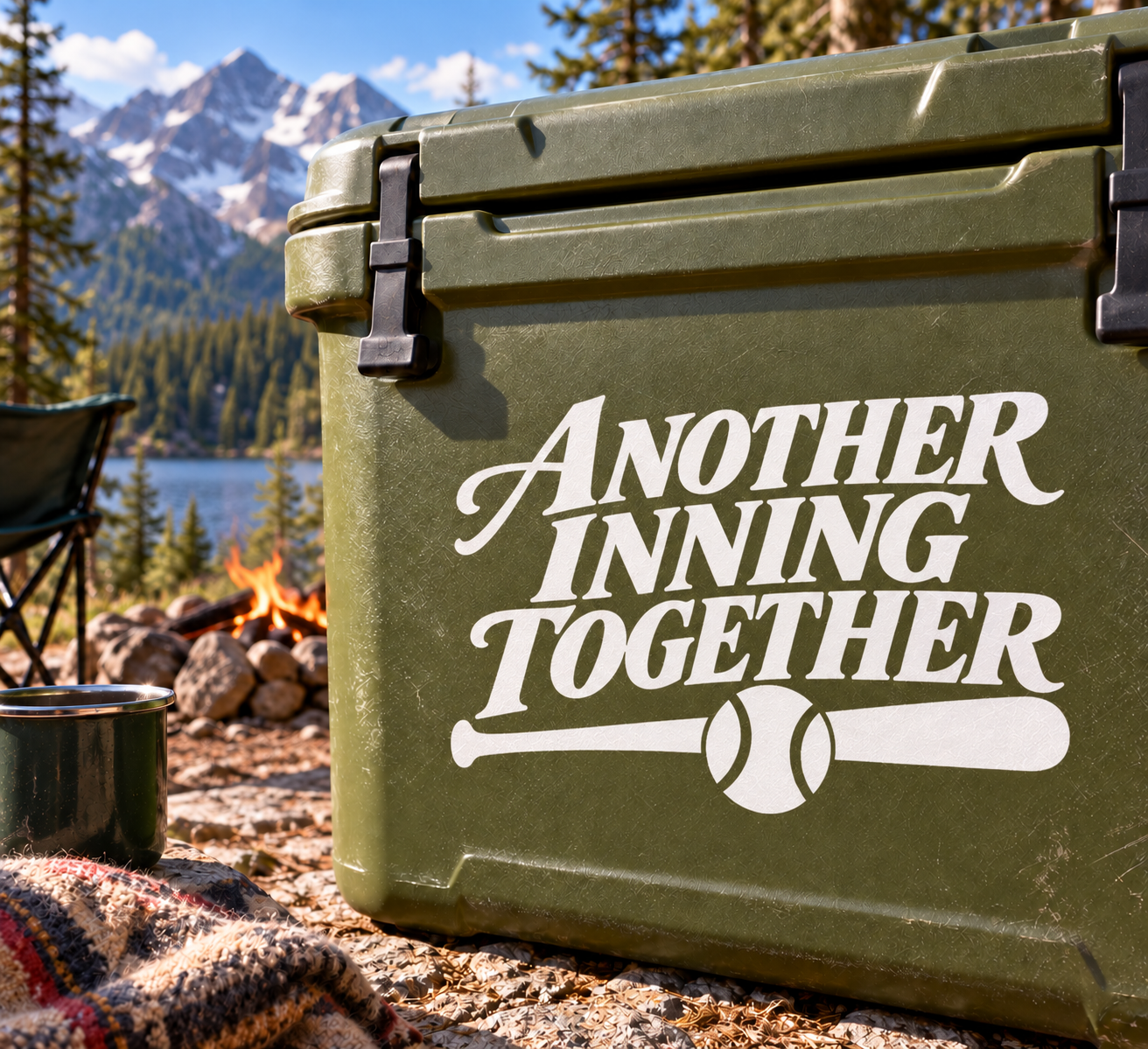 Softball vinyl decal: white “ANOTHER INNING TOGETHER” text with bat and softball icon on green