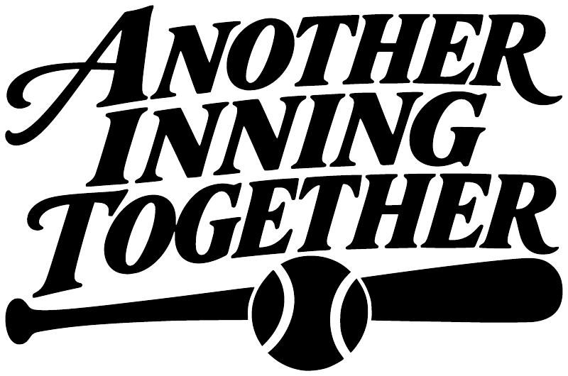 Softball vinyl decal close-up: bold “ANOTHER INNING TOGETHER” lettering with bat and ball