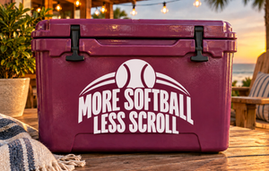 Softball vinyl decal reading “MORE SOFTBALL LESS SCROLL” with ball icon