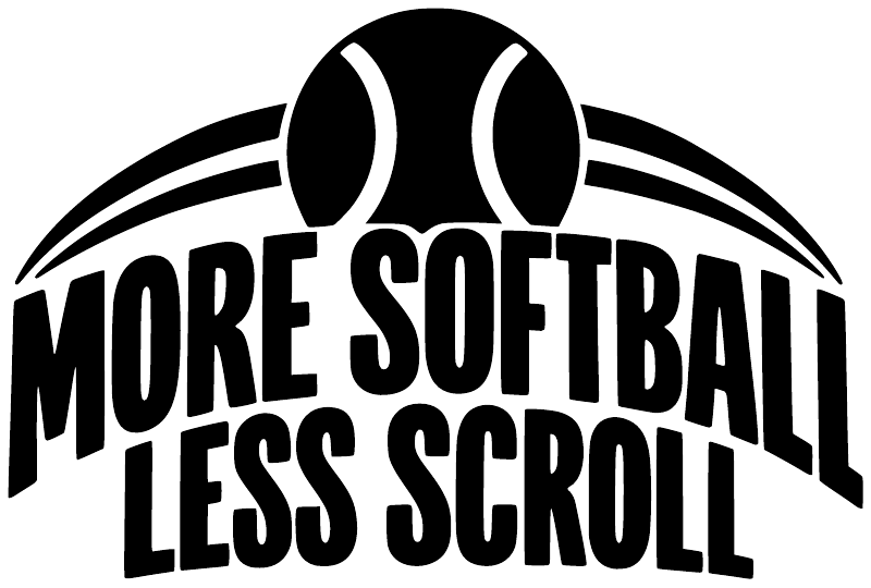White and black softball vinyl decal with ball icon and “MORE SOFTBALL LESS SCROLL” text