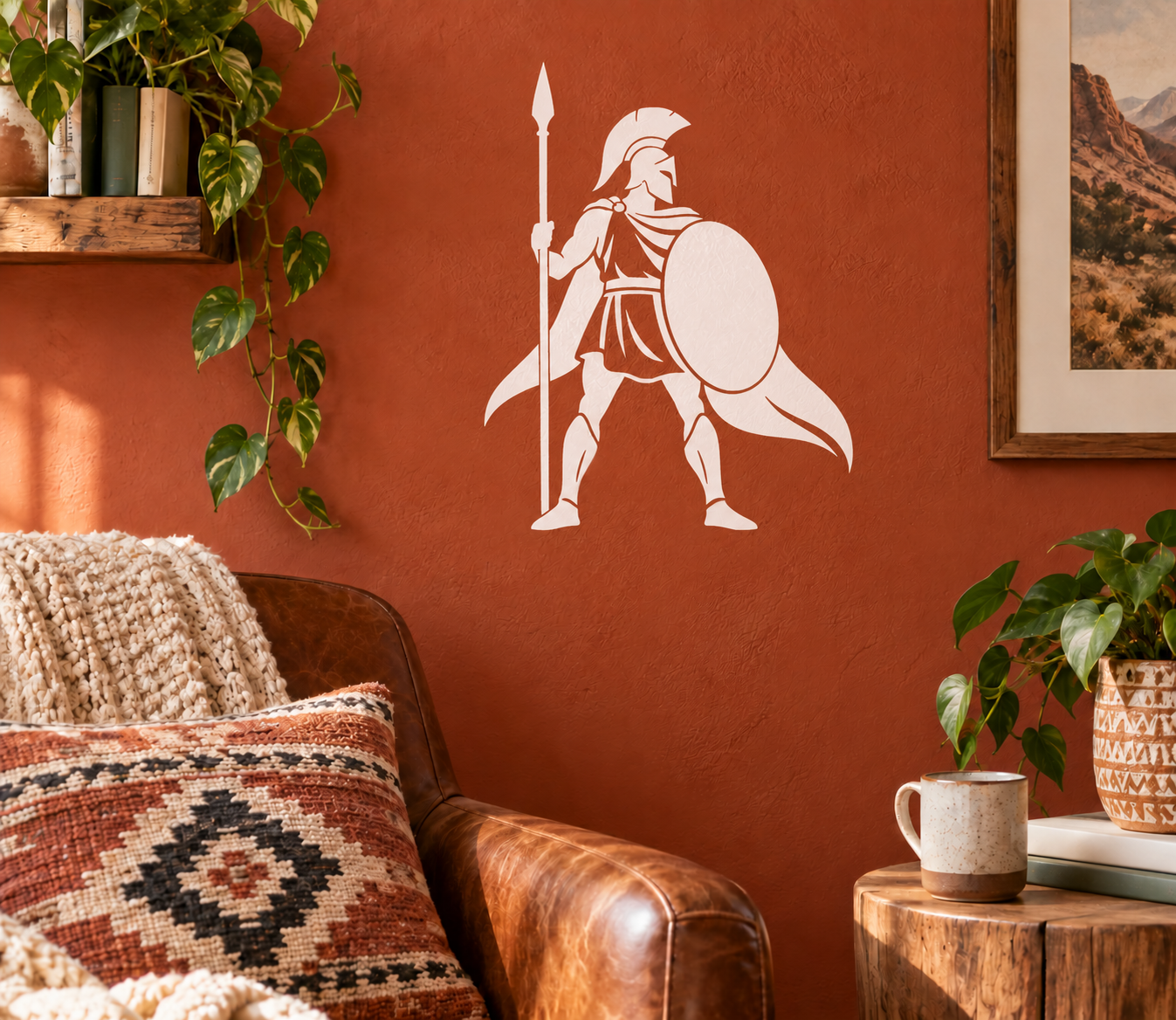Spartan vinyl decal: armored soldier holding spear and round shield