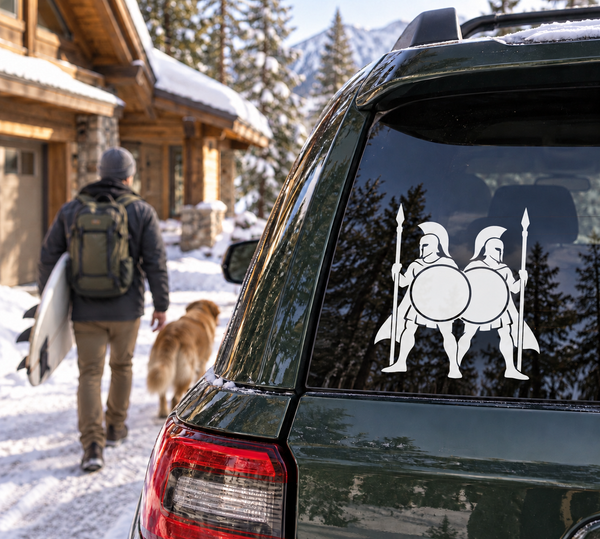 Vinyl decal pair SpartanCX003: two spartan warriors, shields and spears