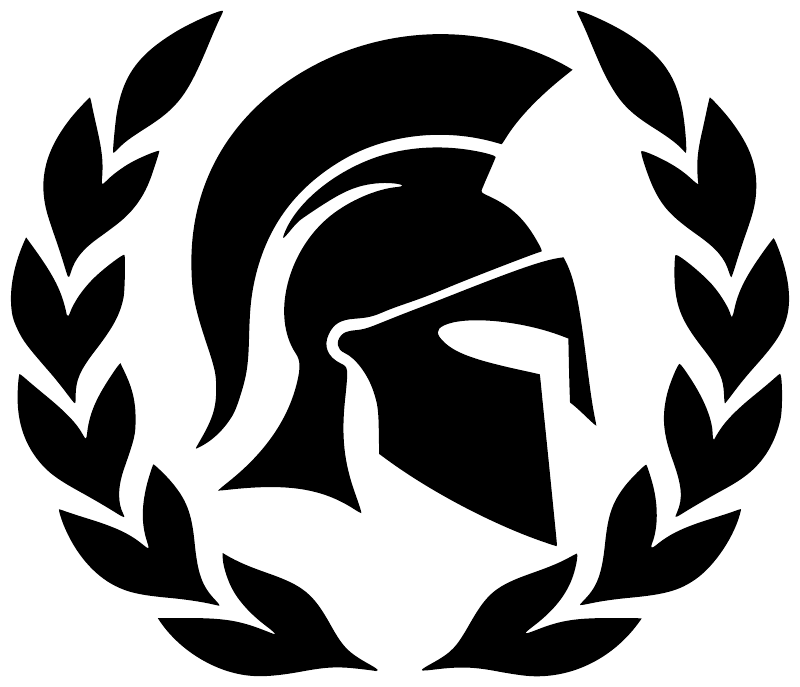 Vinyl decal design: black laurel flames around white Spartan helmet on white background