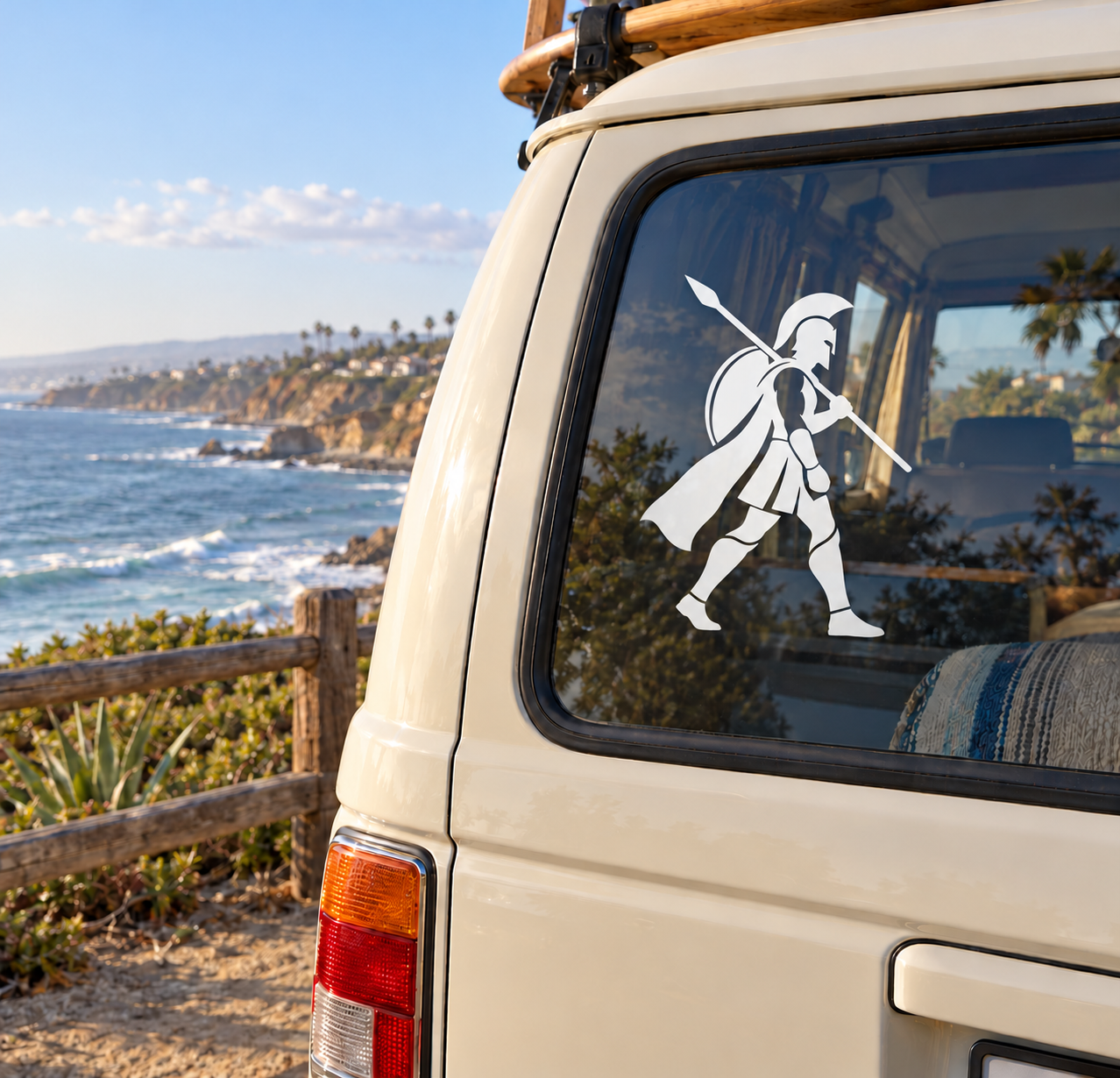 White Hoplite Spartan decal with spear on vehicle window