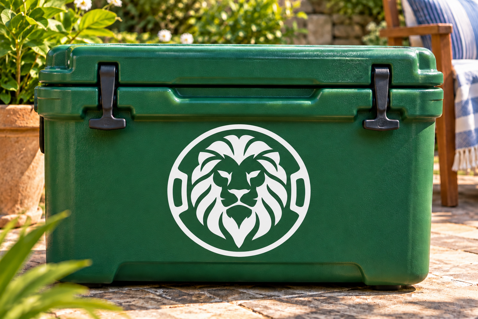 Round shield lion vinyl decal, white design on dark green surface