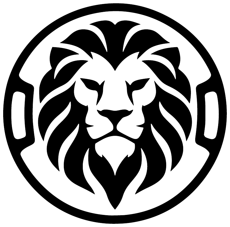Round shield lion vinyl decal sticker, black and white lion head emblem