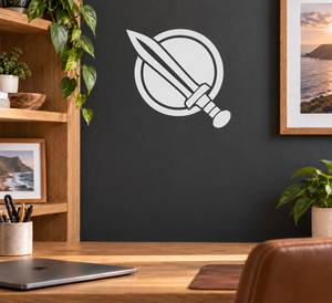 White shield and short sword vinyl decal with circular outline