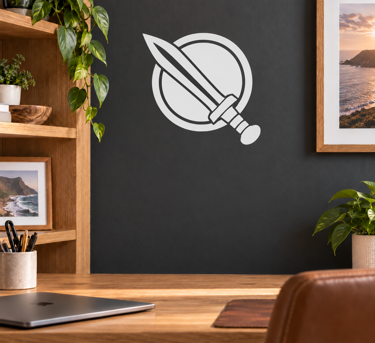 White shield and short sword vinyl decal with circular outline