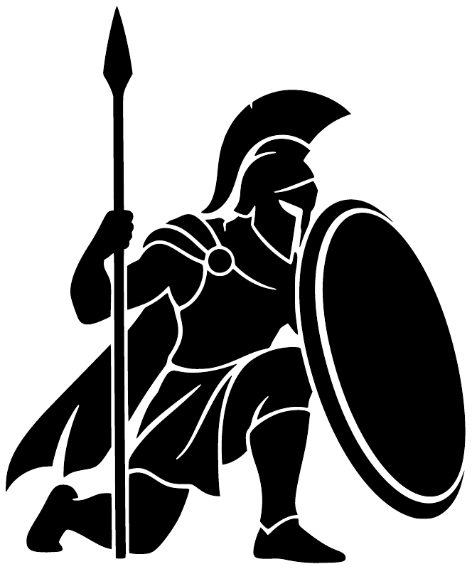 Black kneeling Spartan warrior vinyl decal with spear and round shield on white background