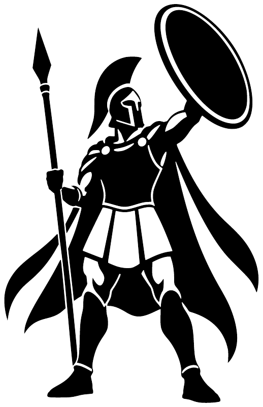 Vinyl decal close-up of black hoplite holding spear and round shield with wing-like cloak