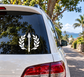 White laurel wreath emblem vinyl decal with spear in the center on car window