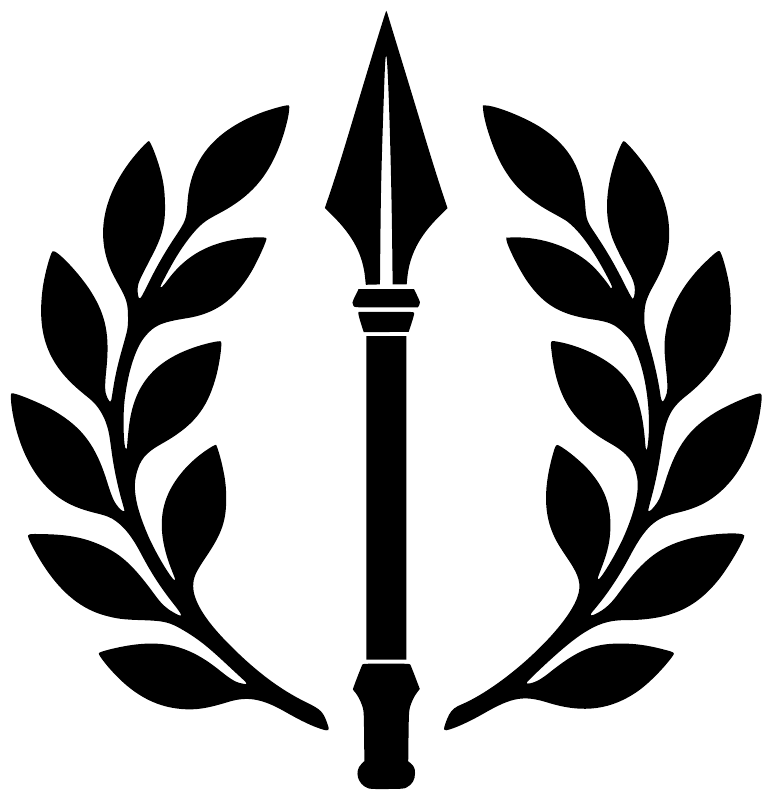 Black laurel wreath emblem vinyl decal with central spear and leaves, isolated graphic