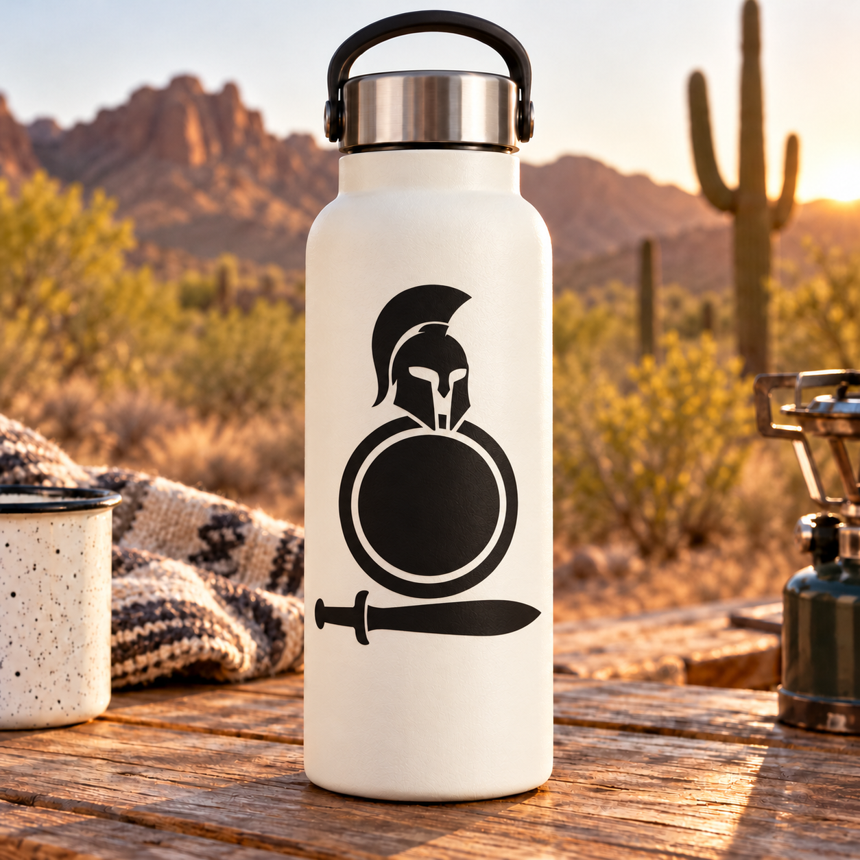 Spartan vinyl decal of helmet and shield on white water bottle