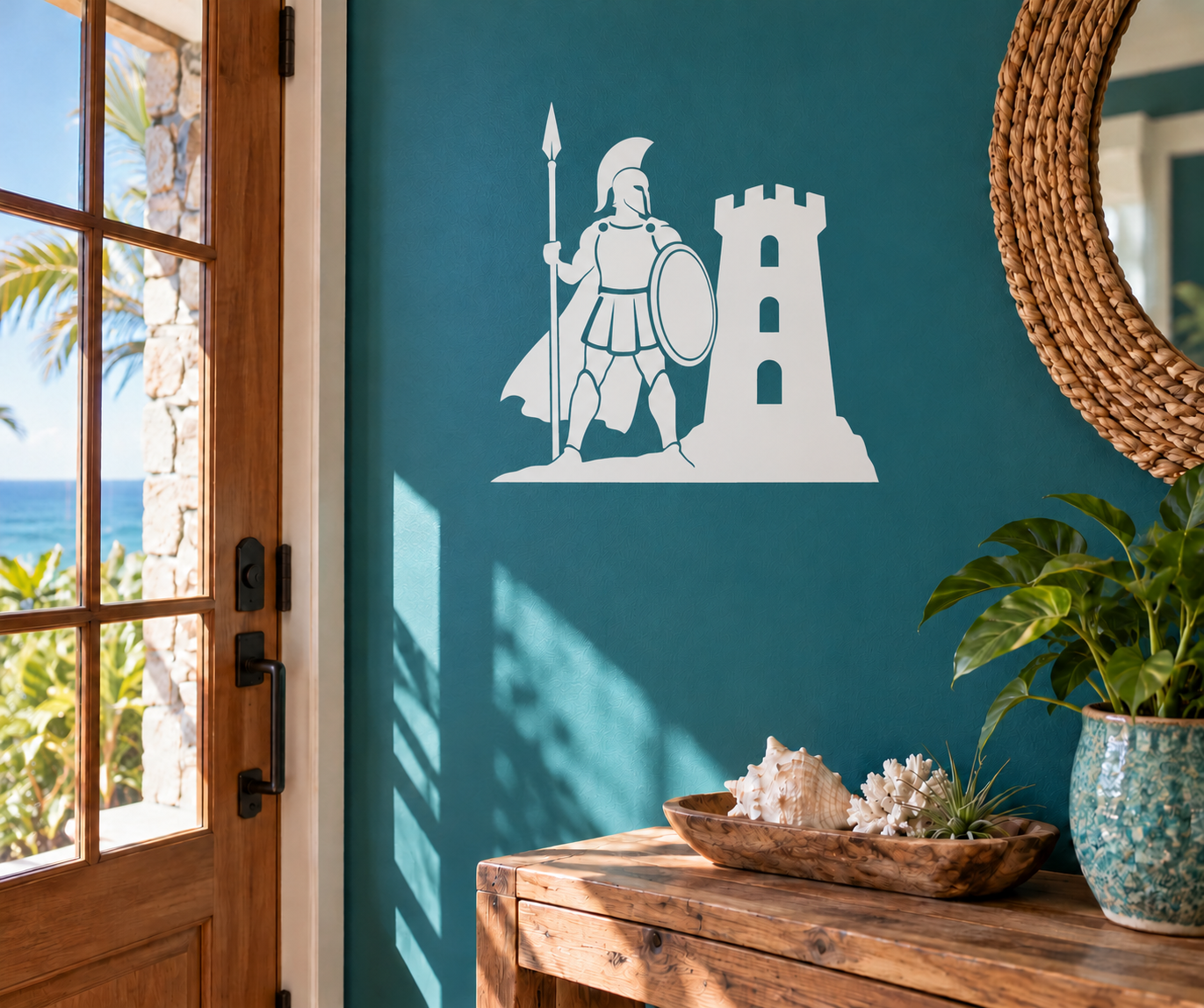 White vinyl watchtower sentinel decal: armored knight with spear, by castle tower.