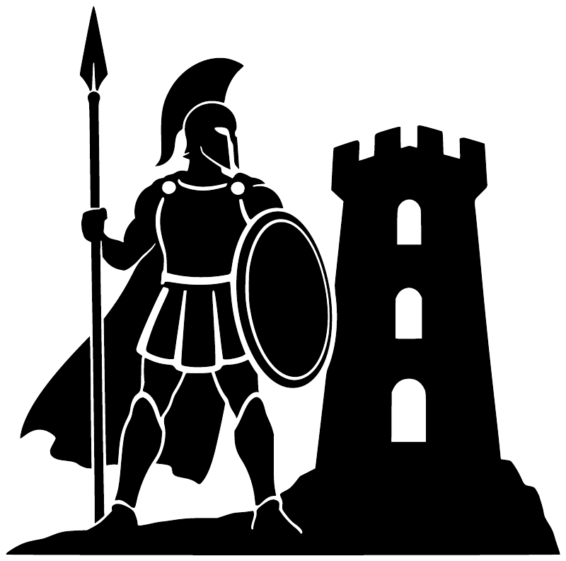 Black vinyl watchtower sentinel decal: armored knight with spear beside tower.