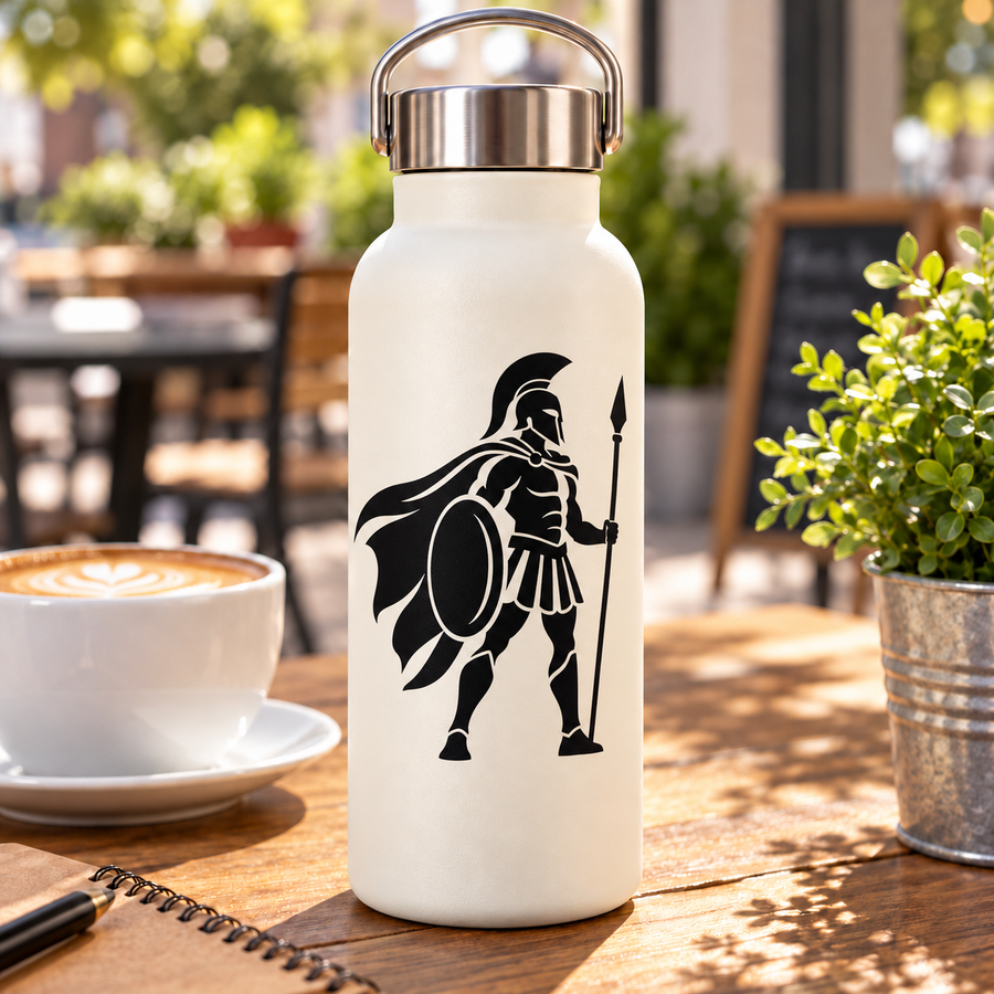 Vinyl decal of armored Spartan hoplite with spear on white bottle