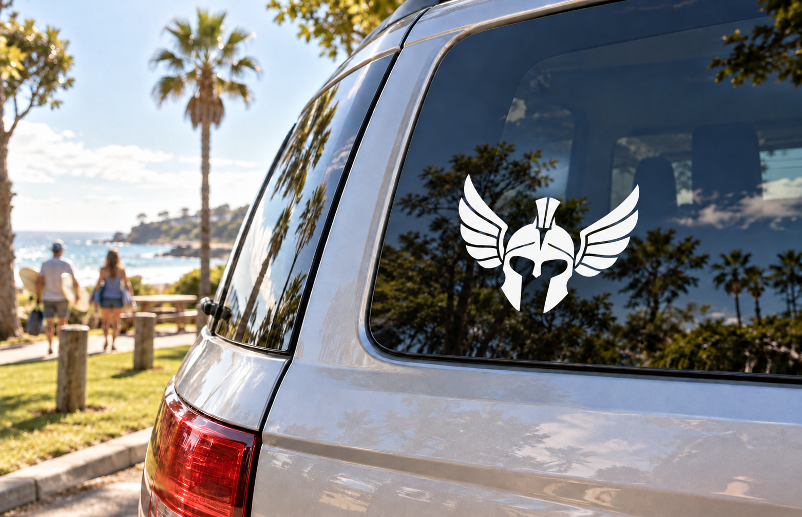 Winged helmet emblem vinyl decal, black design on car rear window