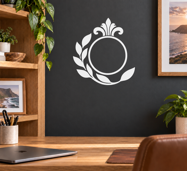 White laurel wreath vinyl decal with circular center and shield-style emblem