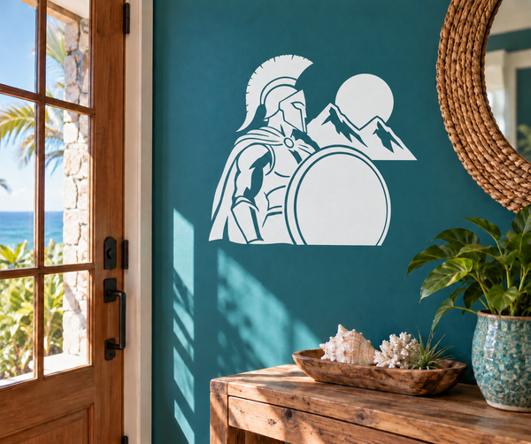 Spartan twin peaks vinyl decal featuring helmeted warrior, shield, and mountain peaks