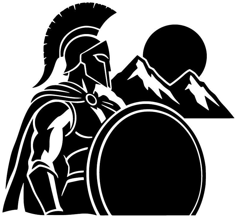 Twin Peaks Spartan vinyl decal in black with white outline, helmeted warrior and shield