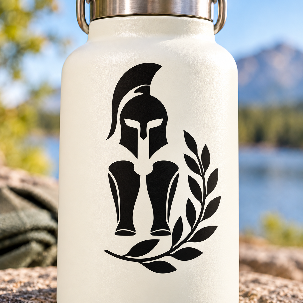 Vinyl decal of Spartan helmet and greaves with laurel wreath, black on light background