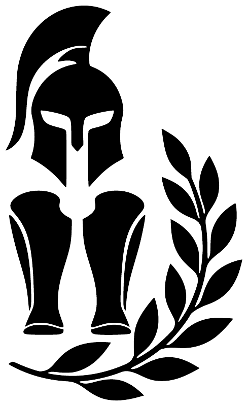 Vinyl decal featuring Spartan helmet, greaves, and laurel branches, solid black on white