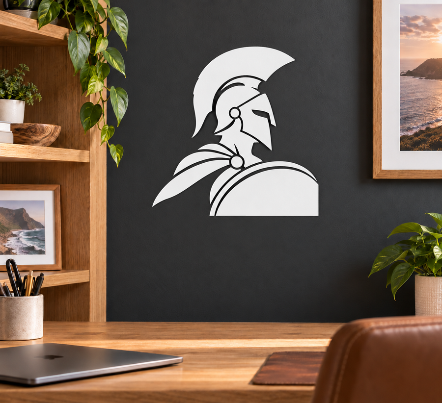 White shield bearer profile vinyl decal with helmet, spear, and shield emblem