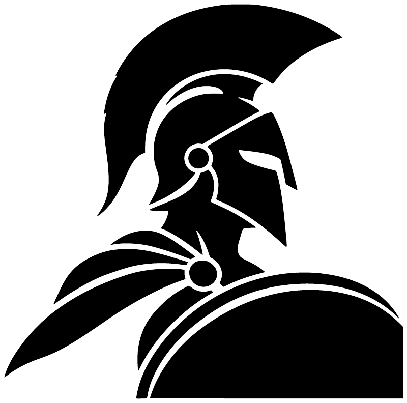 Black-and-white shield bearer profile vinyl decal with helmet, spear, and shield