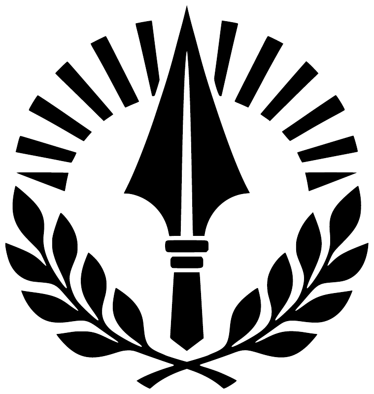 Spartan spearhead sunburst vinyl decal with laurel wreath, black design on white