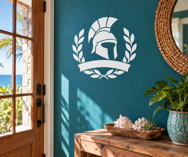 Crest and laurel banner vinyl decal with Spartan helmet and laurel wreath, white.