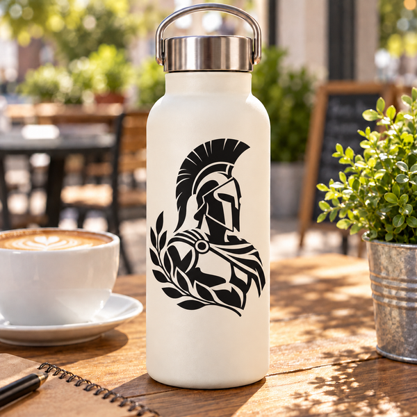Black hoplite bust vinyl decal with laurel leaves on bottle