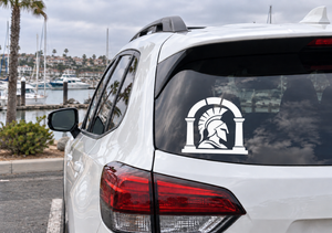 Helmet Stone Arch vinyl decal on car rear window, black and white