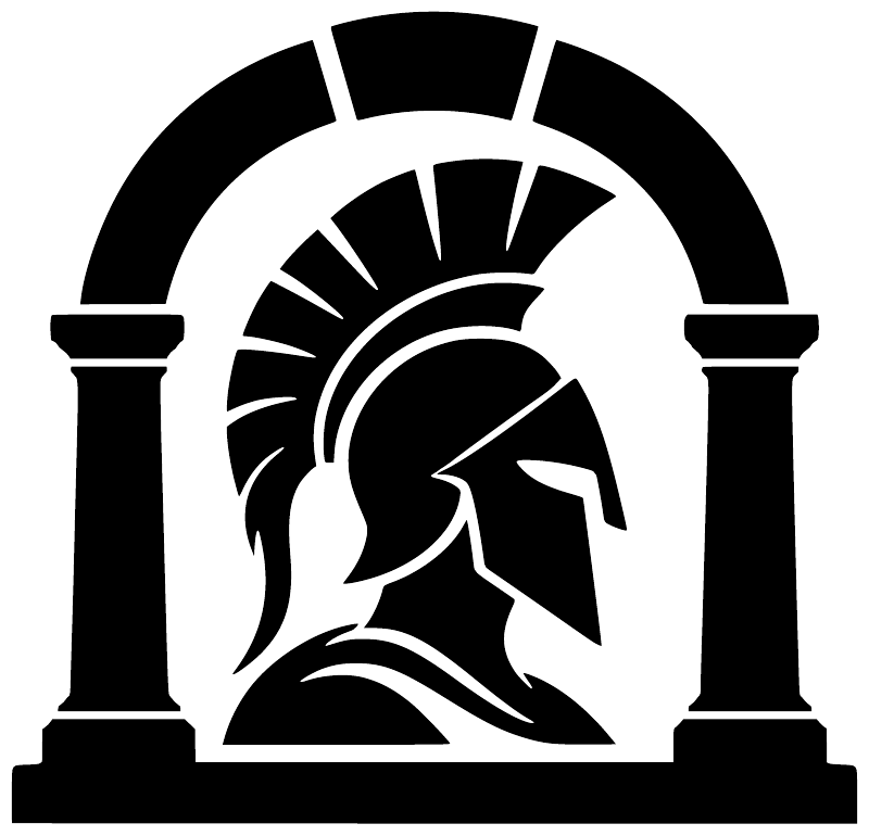 Stone arch vinyl decal with Spartan helmet graphic, black and white