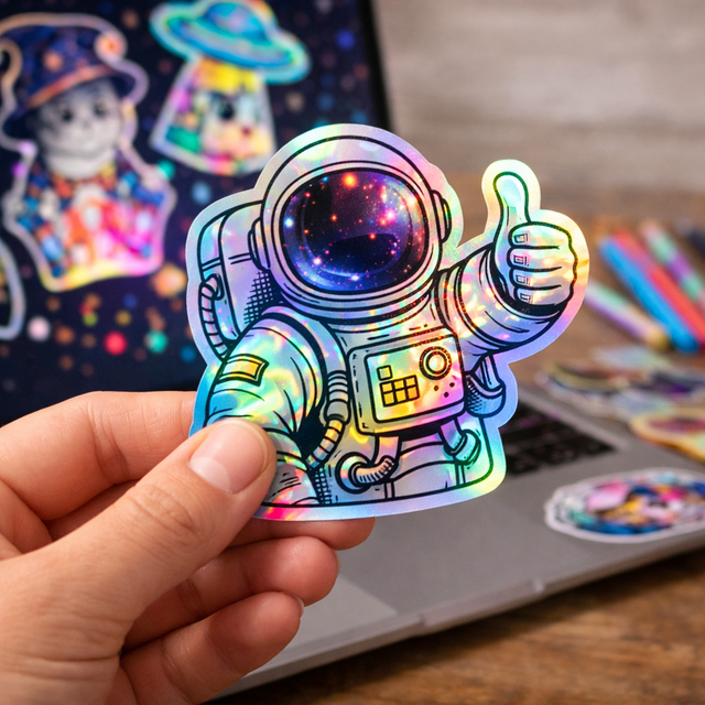 Holographic astronaut vinyl sticker, rounded die-cut with multicolor space suit details.