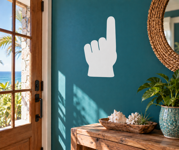 Sports fan foam finger vinyl decal, white hand silhouette