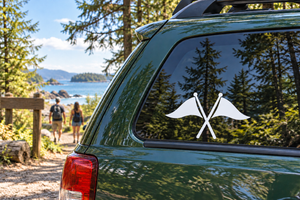 Crossed pennants vinyl decal: two white flags over an X base