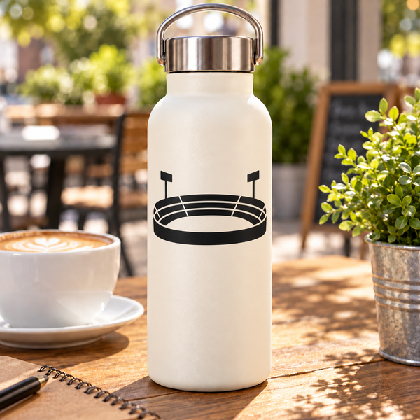 White water bottle with black stadium night vinyl decal graphic
