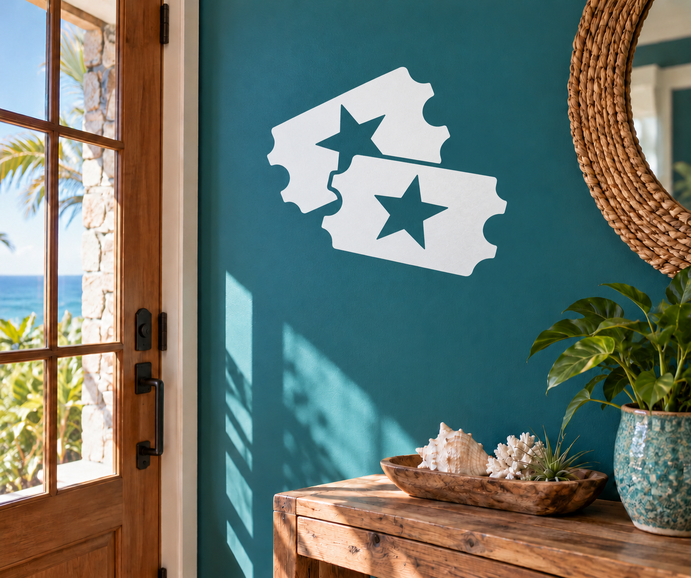 White sports fan vinyl decal with two stars on state-shaped ticket outline