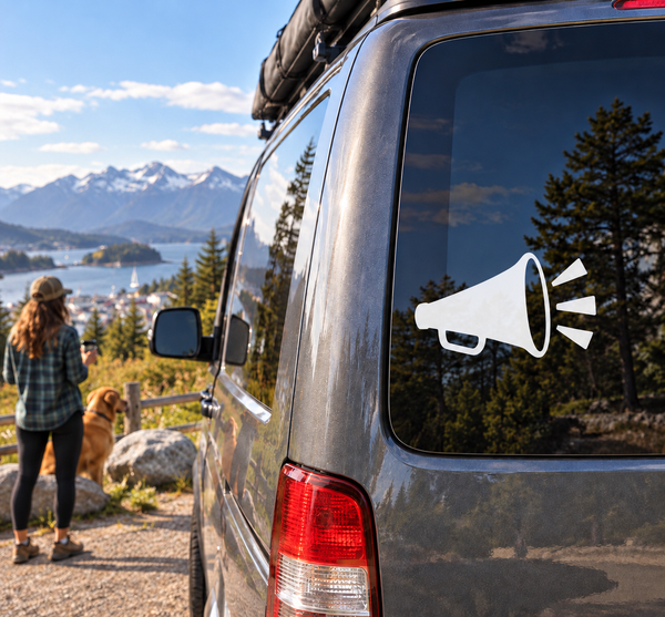 White vinyl megaphone decal with black outline and three black sound waves on car window