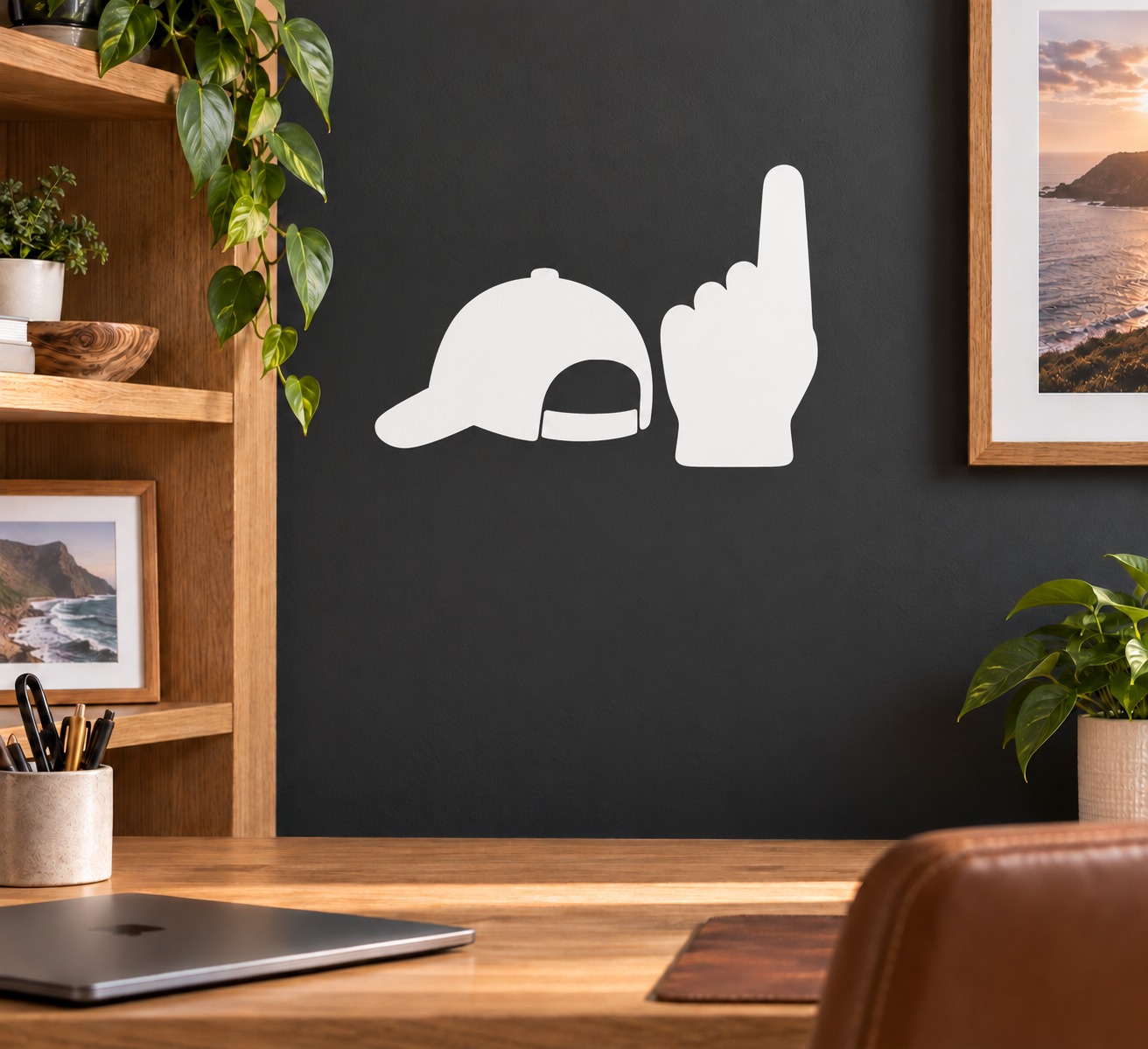 White vinyl decal of baseball cap and pointing hand