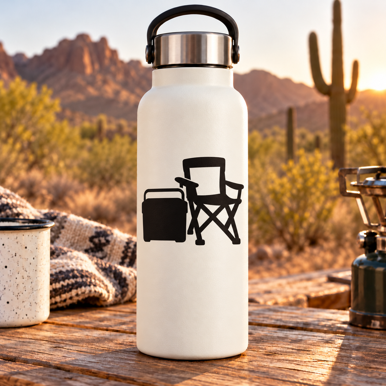 Tailgate cooler vinyl decal on white bottle with black cooler and chair silhouettes
