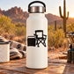 Tailgate cooler vinyl decal on white bottle with black cooler and chair silhouettes
