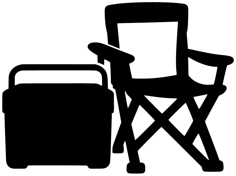 Tailgate cooler vinyl decal with black cooler, folding chair, and table silhouettes