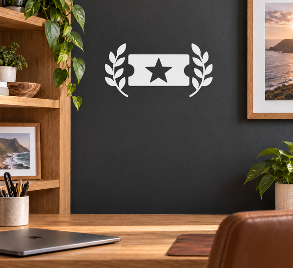 Vinyl ticket-shaped laurel decal with star, black background, white laurel and border