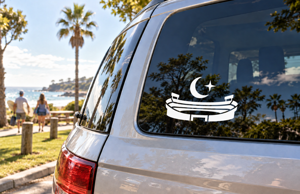 White vinyl stadium decal with crescent moon and star on car window