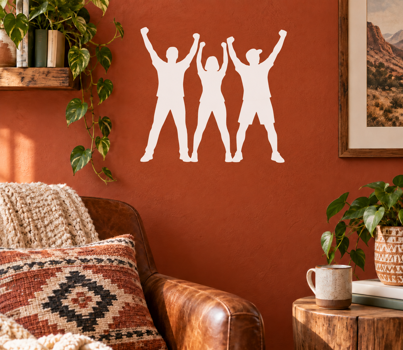 Cheering sports crowd vinyl decal with five black silhouette figures in a row