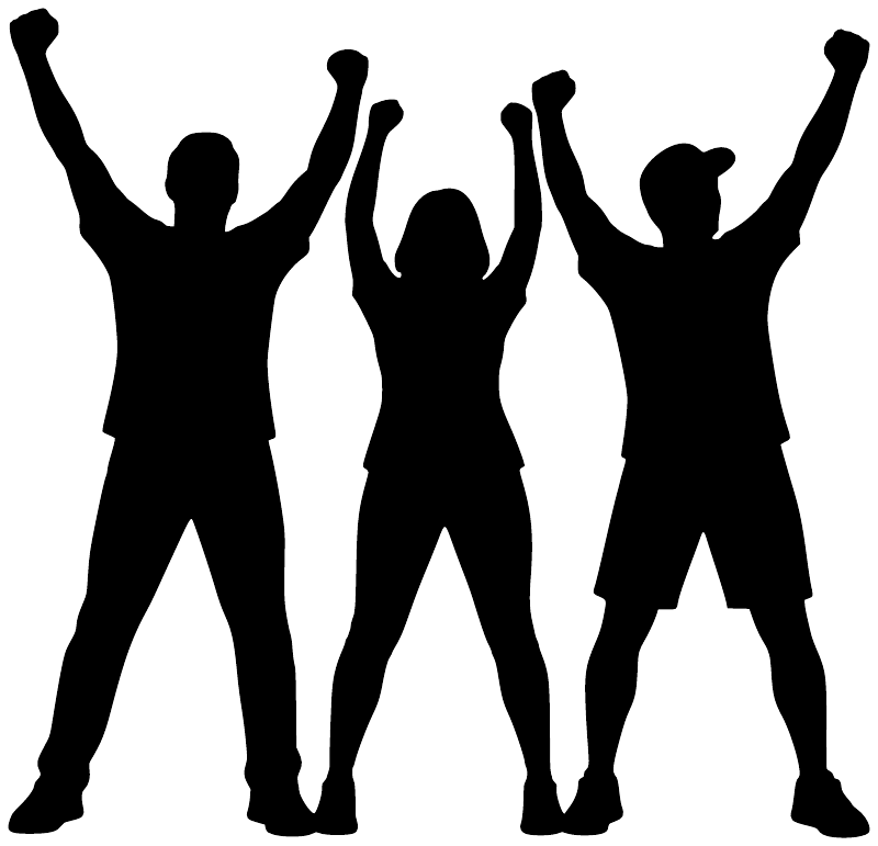 Black cheering crowd vinyl decal, five silhouette figures with raised arms